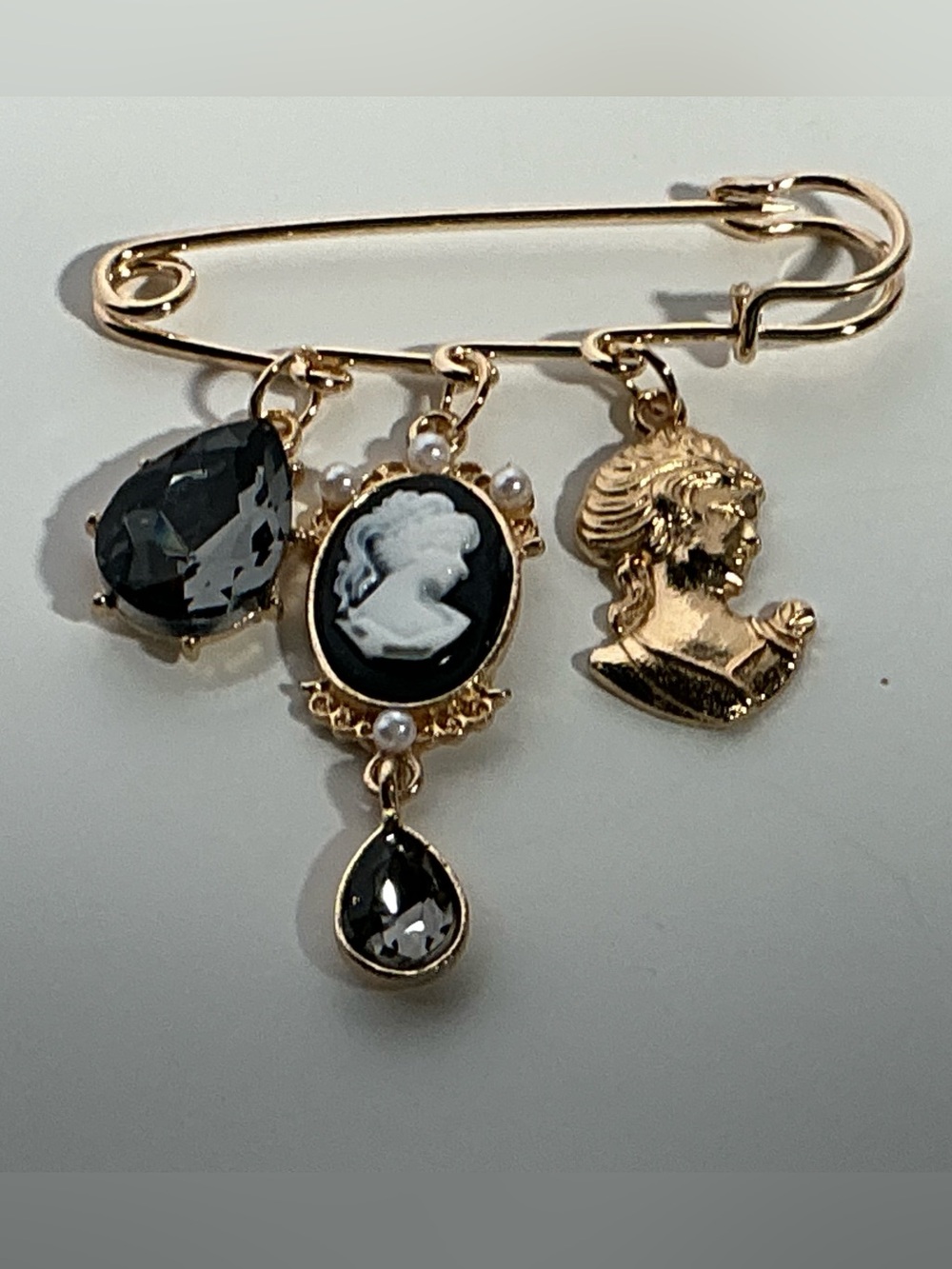 Gold-Tone Cameo & Black Crystal Charm Safety Pin Brooch